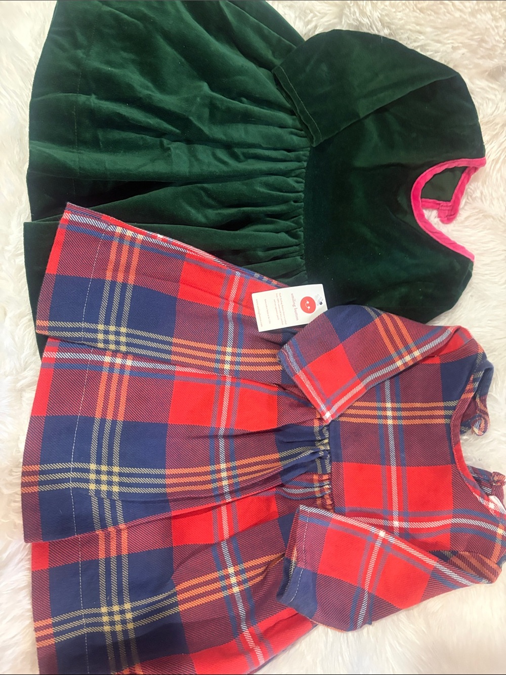 Girls Velvet Green Hooded Dress & Red Navy Plaid Dress Set